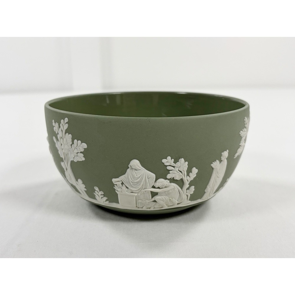 Vintage Wedgwood Sage Green Jasperware Bowl 5" White Neoclassical Relief England